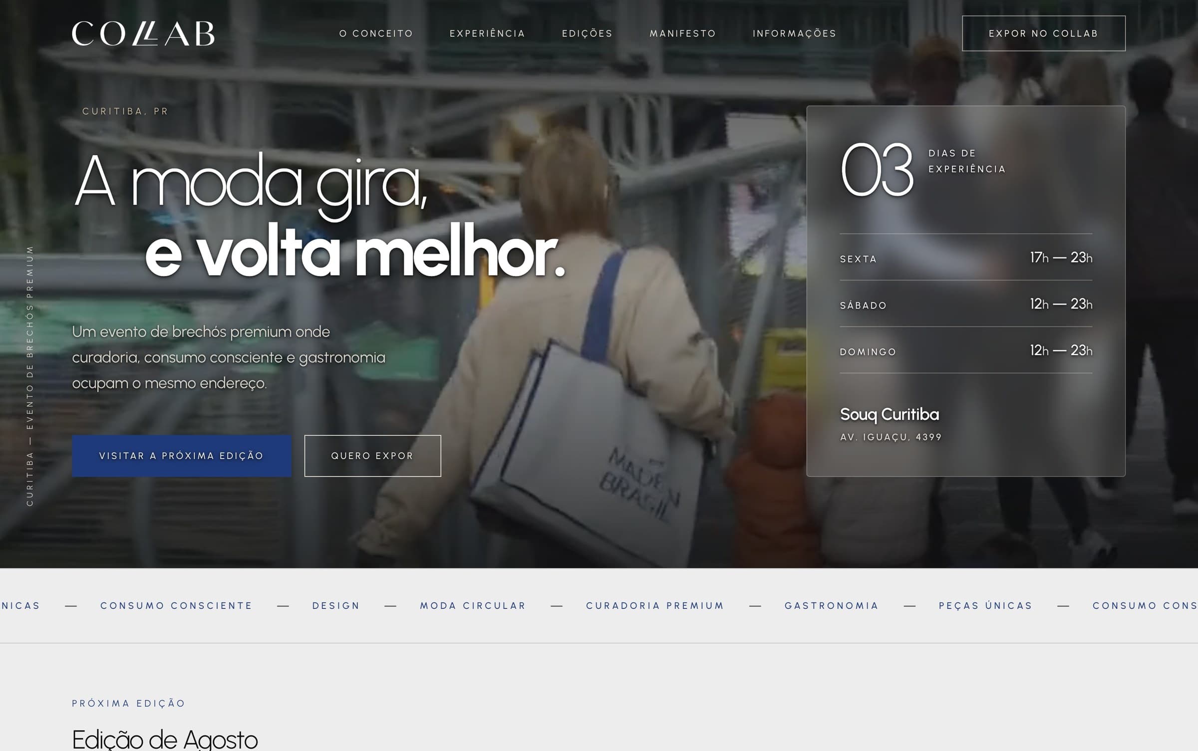 Topo da página do Collab com a frase "A moda gira, e volta melhor" e o cartão de três dias de experiência no Souq Curitiba.
