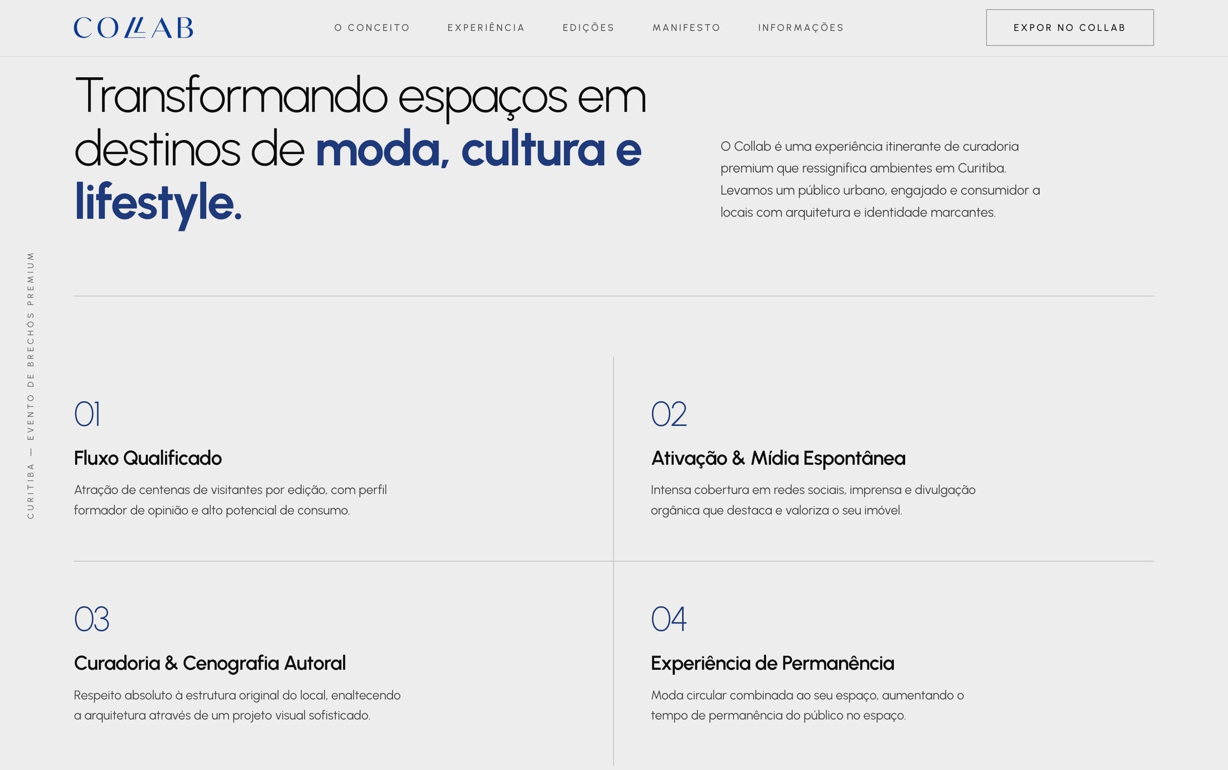 Seção da página com a proposta do evento em quatro blocos: fluxo qualificado, ativação e mídia espontânea, curadoria e cenografia, experiência de permanência.